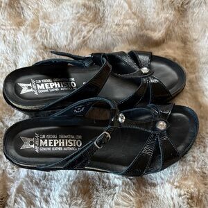 MEPHISTO Black Patent Leather Wedge Sandals
